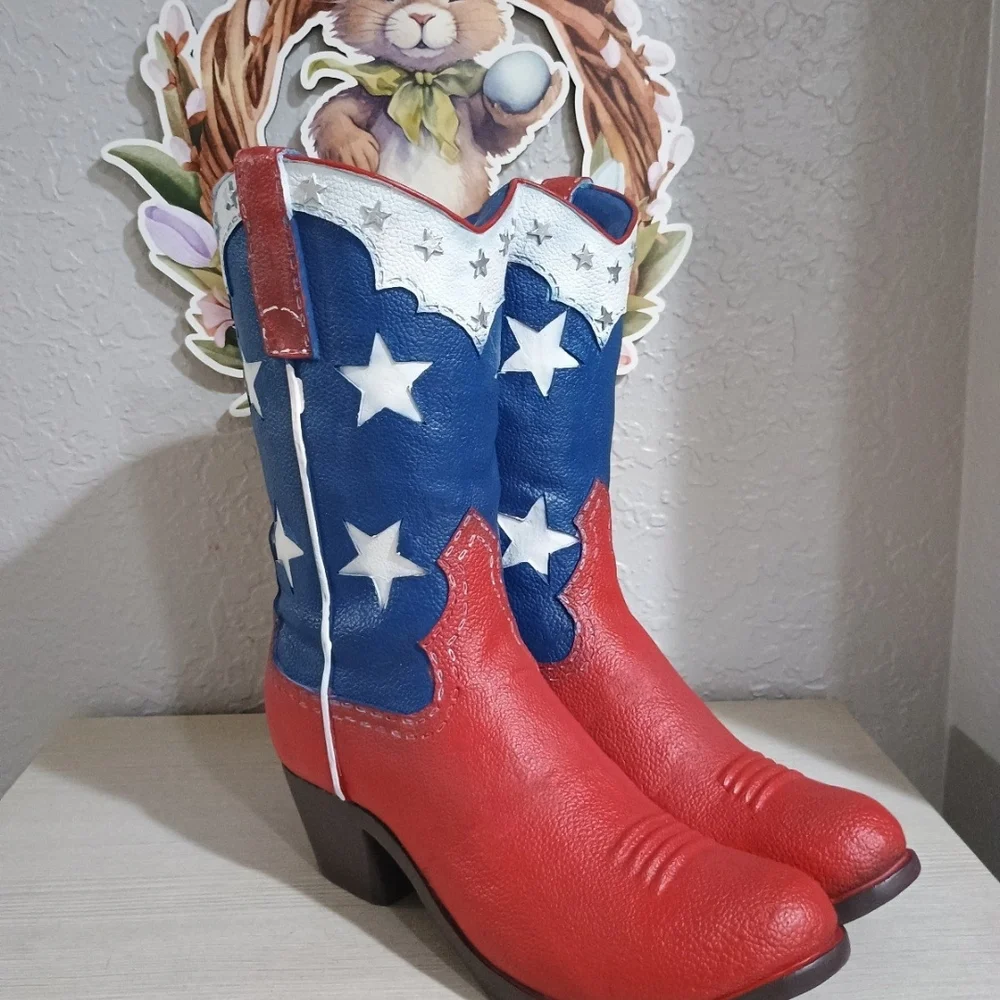 12" Patriotic Cowboy Boots Planter Pot Vase 4th July USA Memorial Day New - Picture 4 of 6